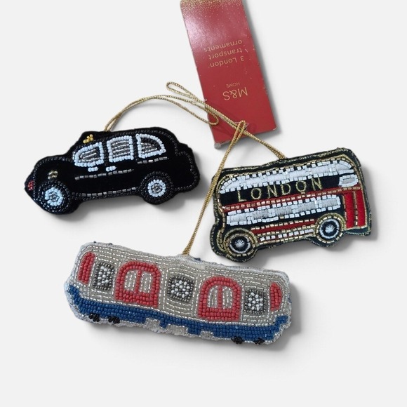 M&S Home Other - NWT set 3 London souvenir Transport Beaded Christmas Ornaments Taxi Bus Train